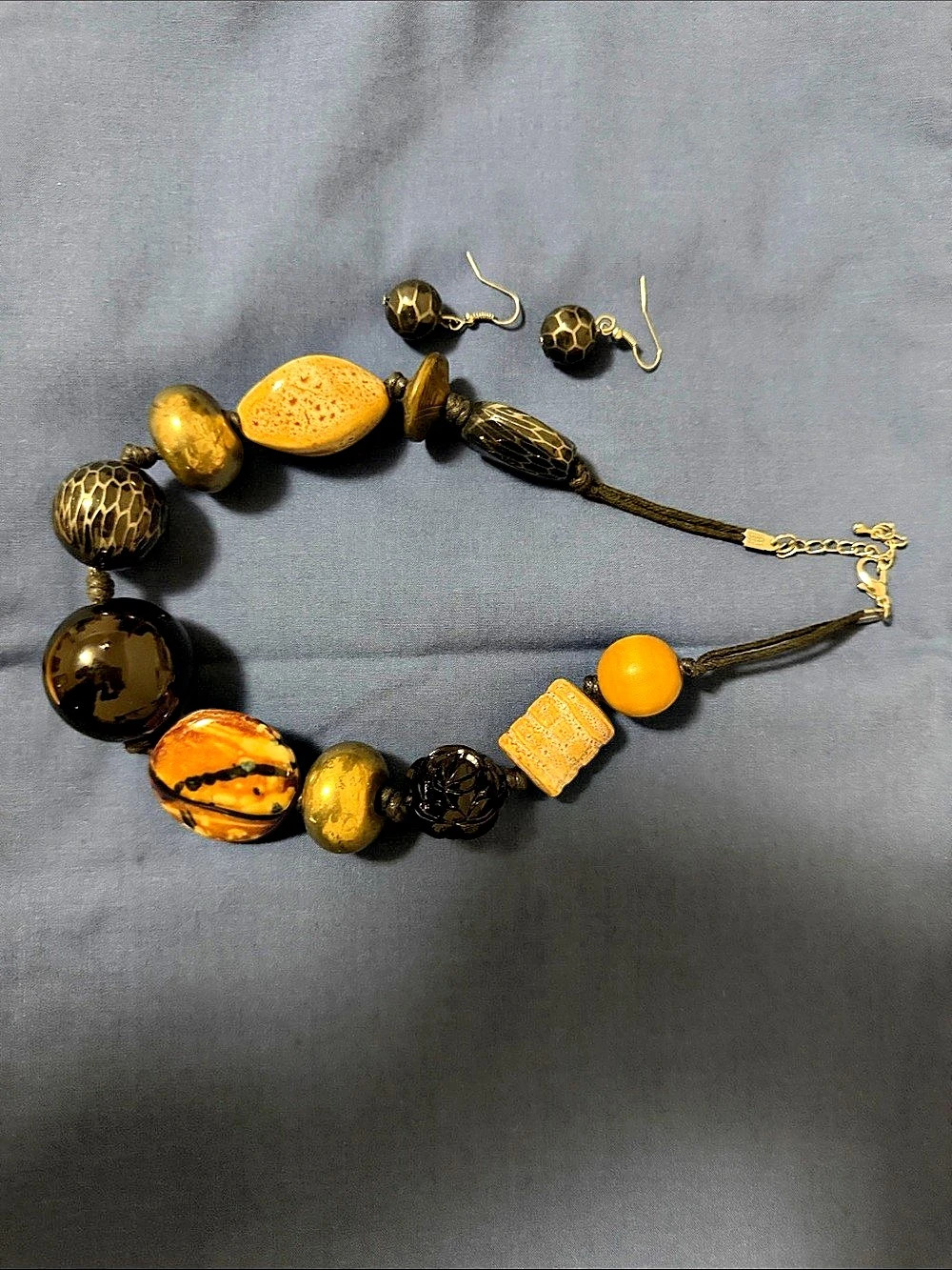 Beaded Statement Necklace & Earrings in Brown & Gold